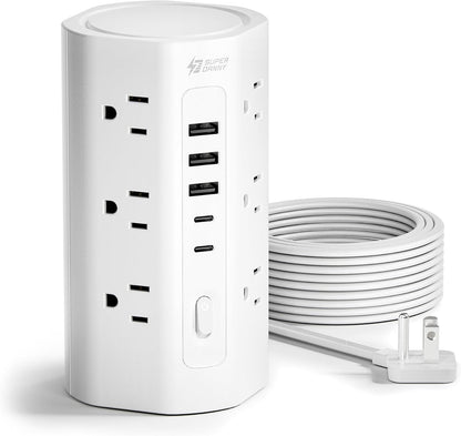 10Ft Tower Power Strip, Long Extension Cord, Flat Plug, 1700J, 12 AC 5 USB