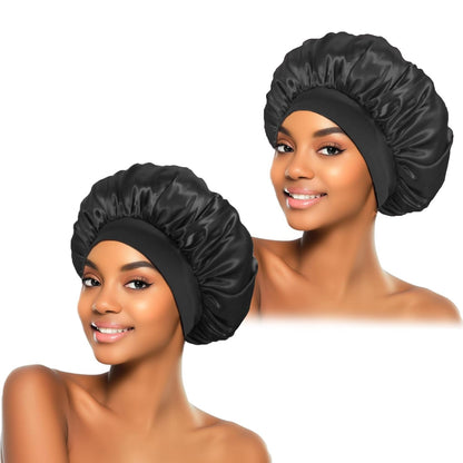 ZHENSILK 2Pcs Silk Bonnet for Sleeping, Satin Hair Bonnets, Soft Elastic Band Silk Sleep Cap, Hair Wrap for Women (Black Gold)