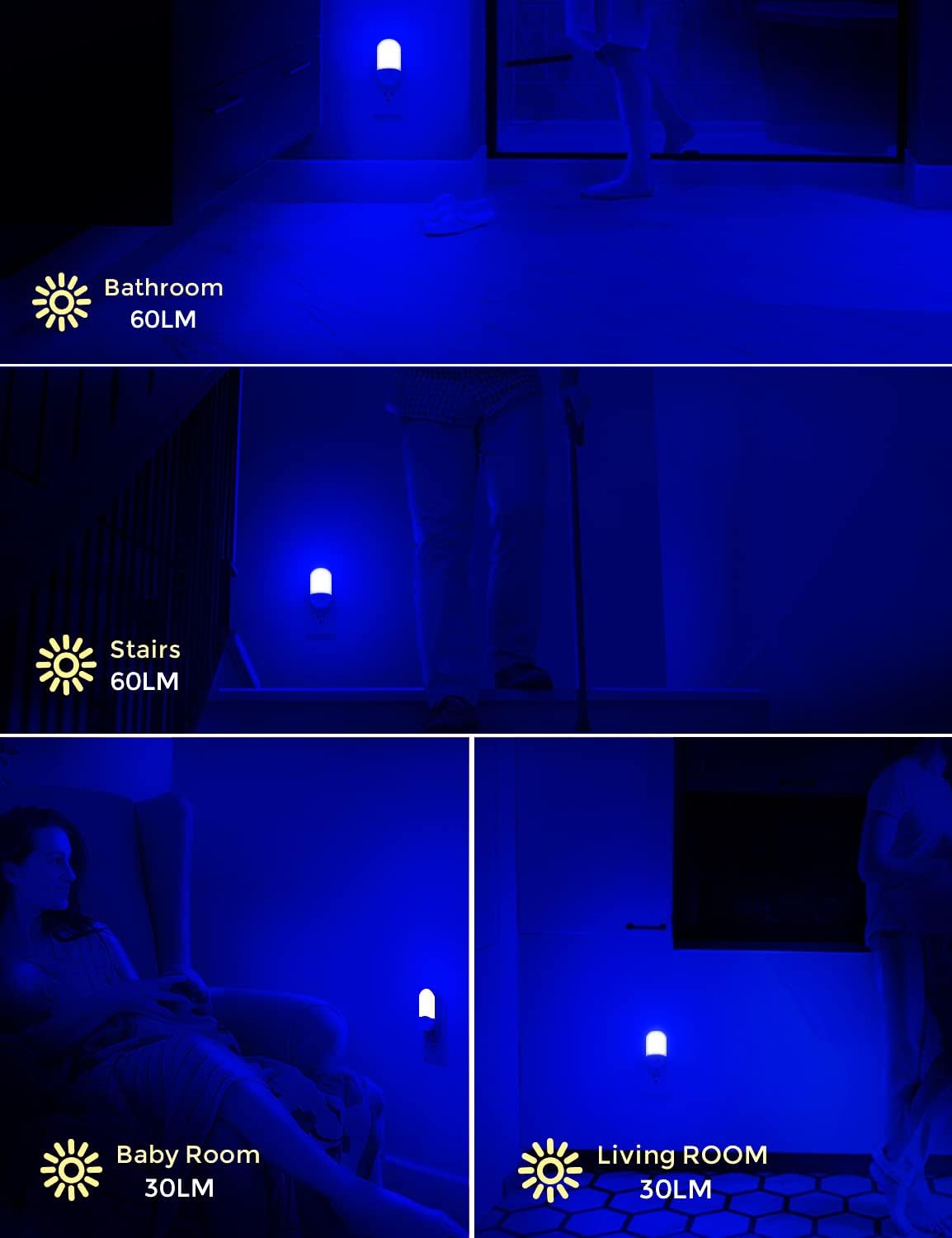 L LOHAS LED Amber Night Light, 2 Pack, Night Lights Plug into Wall Motion Sensor, 0.6W 2000K, LED Nightlights, 30/60LM Adjustable Brightness, Automatic Low Blue Nightlight for Kids, Bathroom, Hallway