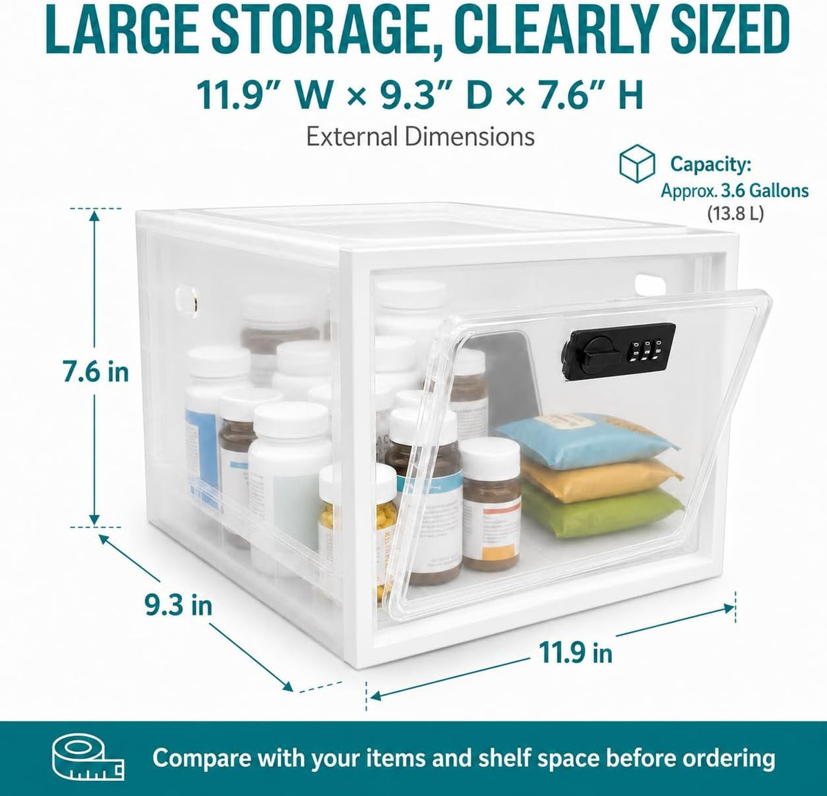 2 Pack Large Medication Lock Box with Code, Clear Lockable Storage Box for Refrigerator, Cabinet & Dorm, Stackable Medicine Box for Prescriptions, Snacks, Phone, 11.9" x 9.3" x 7.6", Black