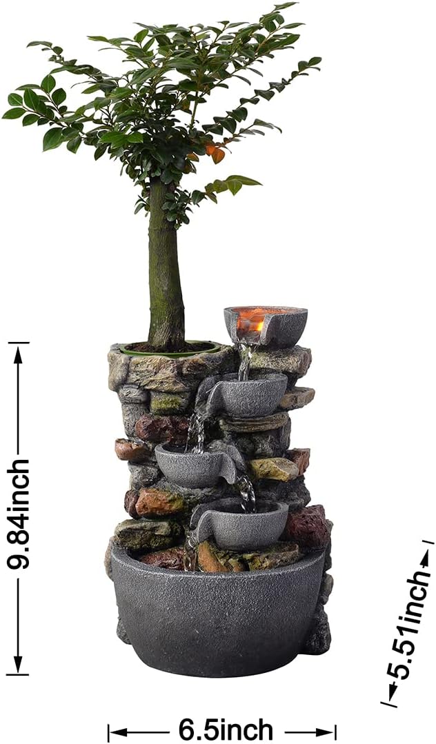 Haobos Indoor Fountain 4-Bowl Rockery Soothing Sound Tabletop Fountains Home/Office Decor Gift for Mom,Mother Day Present with A Small Plastic Pot to Grow Plant/Hebs By Yourself (Automatic Watering)