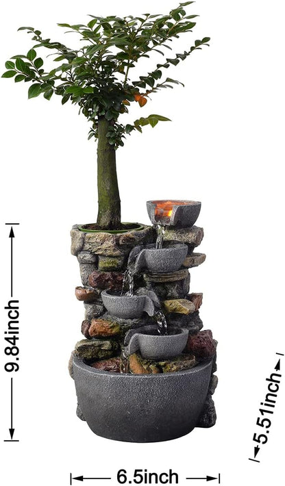 Haobos Indoor Fountain 4-Bowl Rockery Soothing Sound Tabletop Fountains Home/Office Decor Gift for Mom,Mother Day Present with A Small Plastic Pot to Grow Plant/Hebs By Yourself (Automatic Watering)