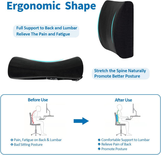 SAIREIDER Seat Cushion and Lumbar Support Pillow for Office Chair, Memory Foam Car Seat Cushions Back Support Pillows, Help Relieve Pain of Back, Lumbar, Tailbone and Sciatic Nerve（Black）