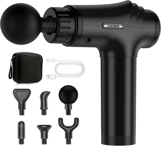 Massage Gun, Professional Deep Tissue Percussion Muscle Massager for Athletes with 30 Speeds & 6 Heads, Quiet Handheld Back Neck Shoulder Body Mini Massager