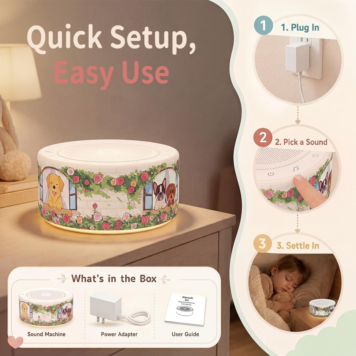 Kipcush White Noise Machine for Baby & Adults, 30 Soothing Sounds, Soft Non-Glare Nursery Lamp, 8 Color Night Lights, Memory Function (Angel V1 White, Standard)