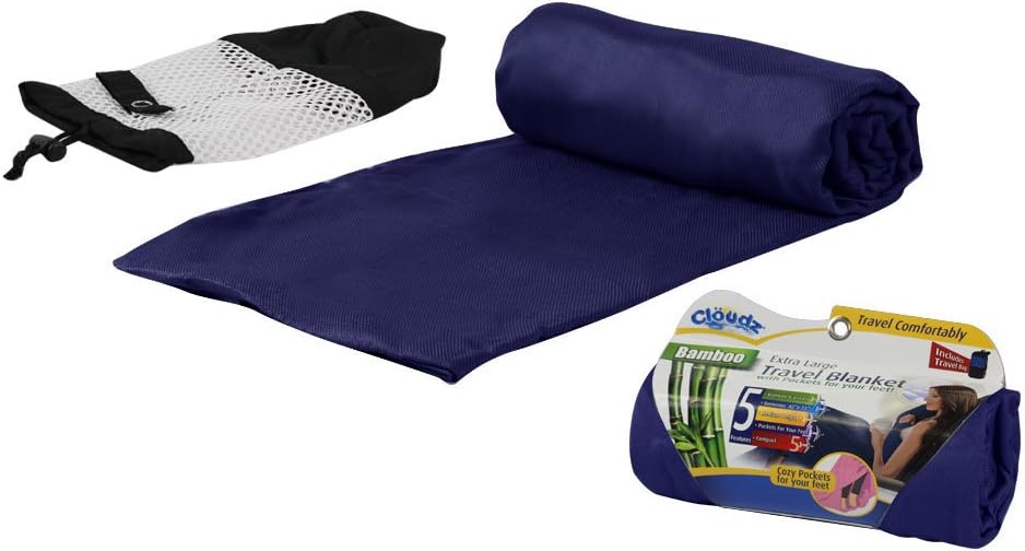 Cloudz Extra Large Airplane Travel Blanket for Your Flight, Car, Camping, Home or Comforting Warmth Anywhere! Includes Warm Cozy Pockets for Your Feet and a Travel Bag - Charcoal