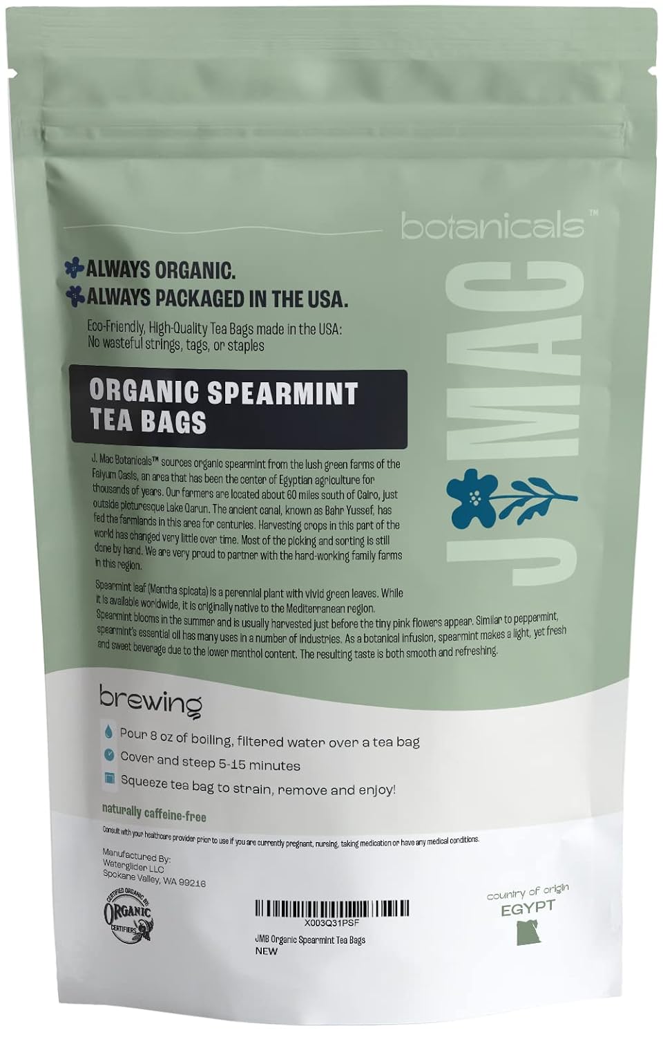 J MAC BOTANICALS Organic Spearmint Tea (50 Teabags), USDA Certified