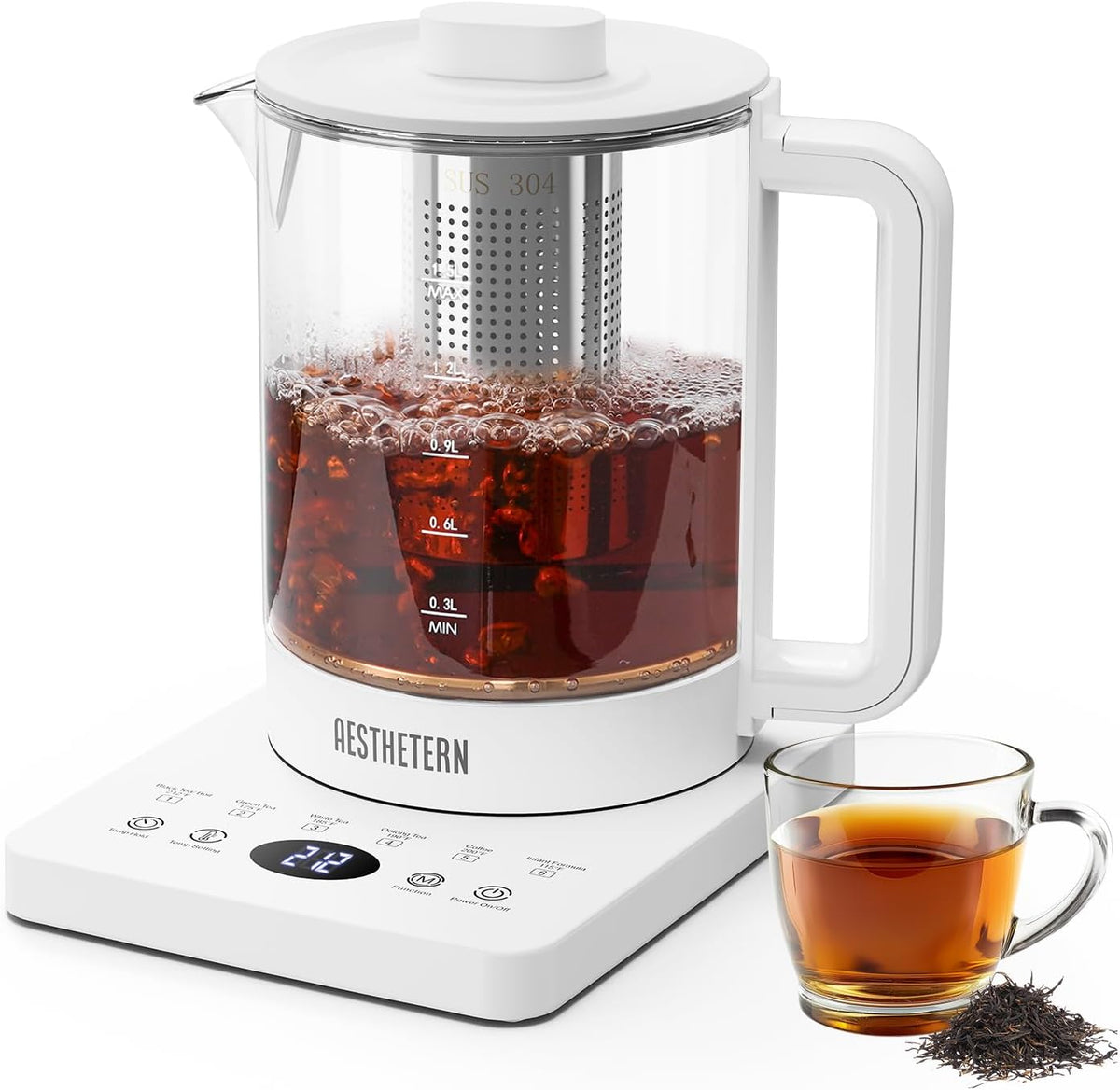 Electric Tea Kettle with Infuser, 1.5L Glass Water Boiler with Temperature Control, 24H Keep Warm & Auto Shut-Off, White
