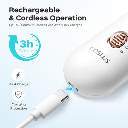 COSLUS C43 Professional Manicure Pedicure Kit, 5-in-1 Electric Nail File for Toenail Hand Feet, Basic & Thick Nails Care, Cordless, 5 Speeds, for Men Women Seniors Home Salon, Wider Grinder, White