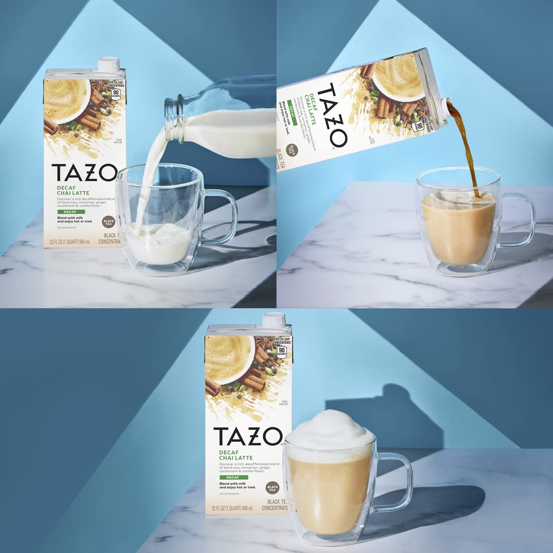 TAZO Decaf Chai Latte, Black Tea Concentrate, Easy-to-Serve Chai Tea for Everyday Lattes, Hot or Iced Tea and Mocktails, 32 oz Tea Mix Carton