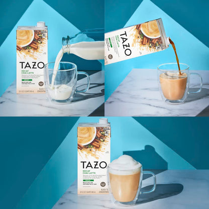 TAZO Decaf Chai Latte, Black Tea Concentrate, Easy-to-Serve Chai Tea for Everyday Lattes, Hot or Iced Tea and Mocktails, 32 oz Tea Mix Carton