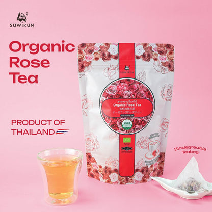 Suwirun Organic Rose Tea 25 Bags – 100% Pure Rose Petals – Delicate Floral Aroma, Naturally Caffeine-Free – Relaxing Herbal Tea, Enjoy Hot or Cold