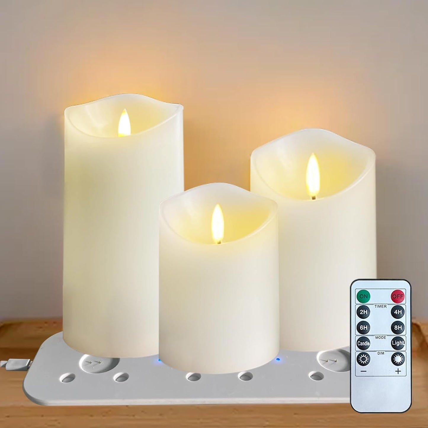 LEDHOLYT Rechargeable Flameless Glass Pillar Candles–Gifts for Women,–Set of 3, Realistic Flickering LED Flame,Remote & Timer, Ideal for Living Room, Bedroom & Halloween Festival Home Party Decor