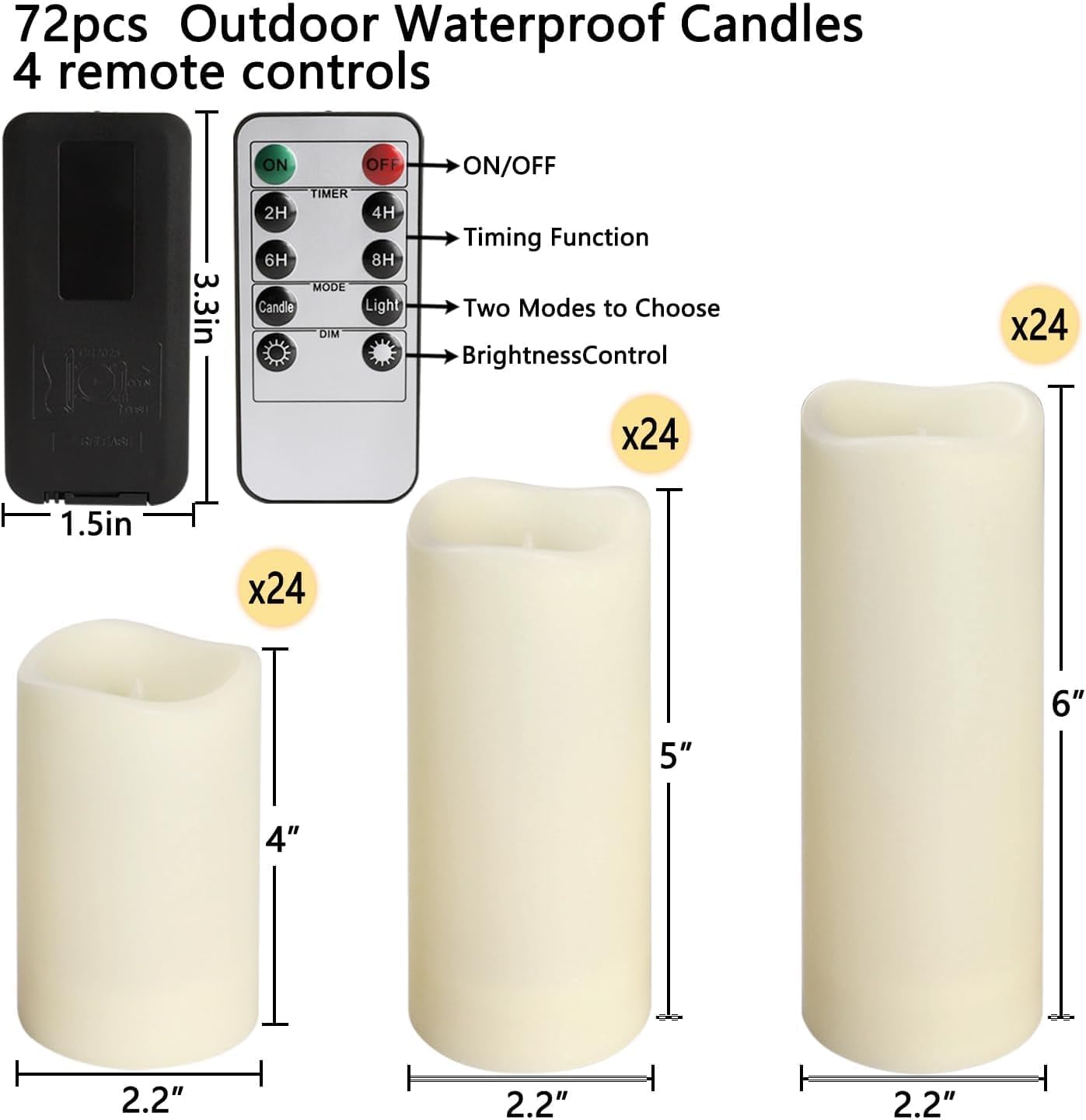 YOROXRG Set of 24 Waterproof Outdoor Flameless Candles, LED Candles with 4 Remote and Timer,(H 4" 5" 6" x D 2.2"),for Halloween Wedding Festiv