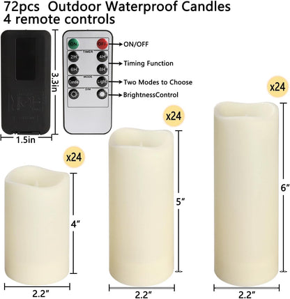 YOROXRG Set of 24 Waterproof Outdoor Flameless Candles, LED Candles with 4 Remote and Timer,(H 4" 5" 6" x D 2.2"),for Halloween Wedding Festiv