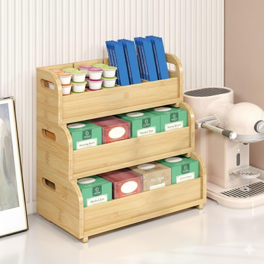 3-Tier Bamboo Tea Bag Organizer, Stackable Tea Holder for Countertop, Black