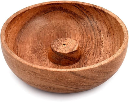 Samhita Acacia Wood Round Incense Stick Holder,Incense Burner, Ash Cather and Aromatherapy Ornament Home Décor (5" x 5" x 1.5")