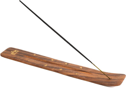 Wooden Incense Holder for Sticks with Inlays of Brass Crescent Moon 10 inches Long