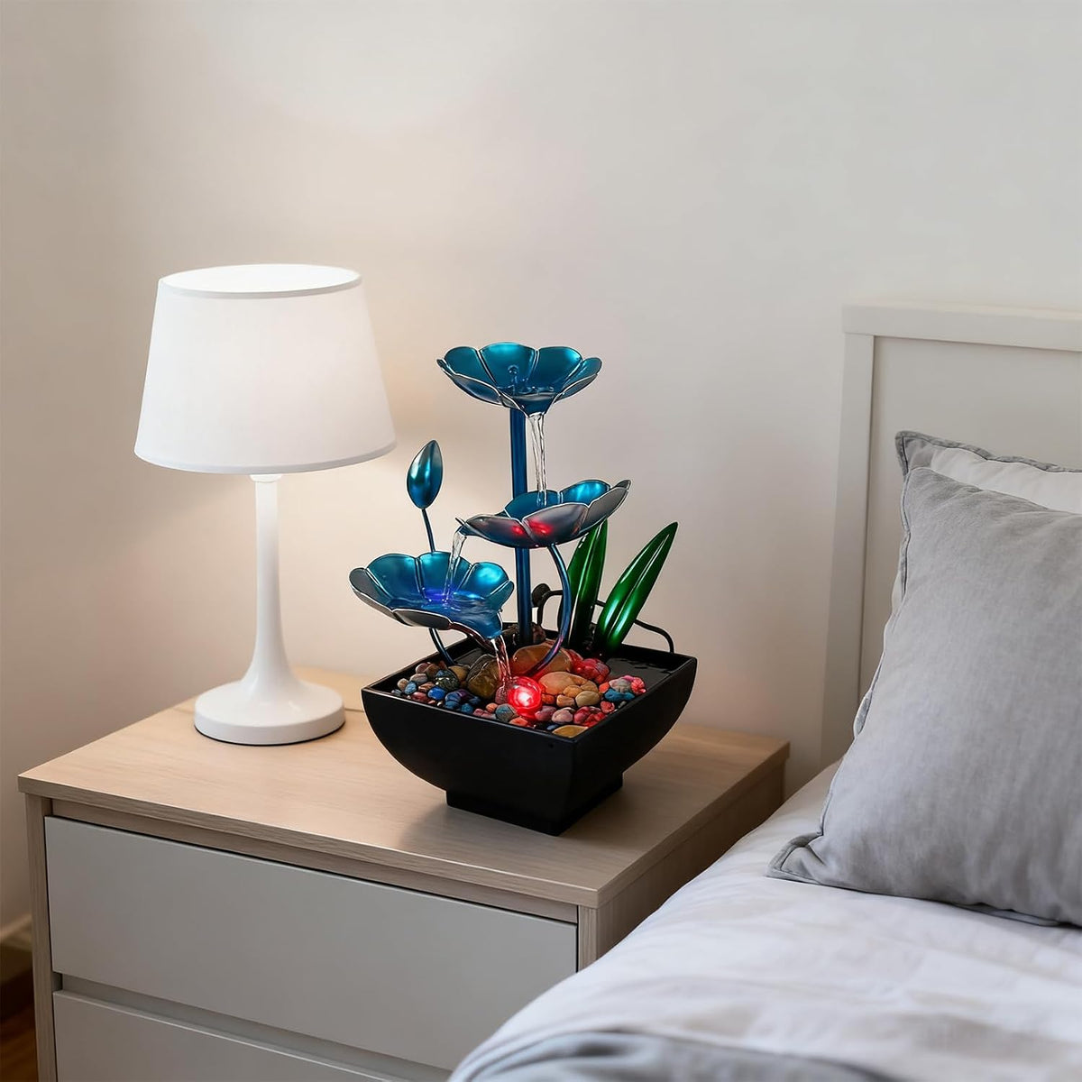 AOZITA Tabletop Fountain, Indoor Waterfall Fountain, Small Home Décor Zen Relaxation Soothing Sound Machine for Office, Living Room, or Bedroom,Blue Metal Lotus with Bud, River Rocks,Round LED