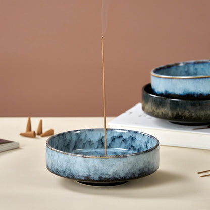 6" Ceramic Incense Holder for Sticks with 10 Holes,5in1 Handmade Flambé Glaze Incense Burner Bowl Ash Catcher for Stick,Coil,Cone,Sage,Palo Santo,Candle - Ideal for Yoga Spa Meditation Home Décor