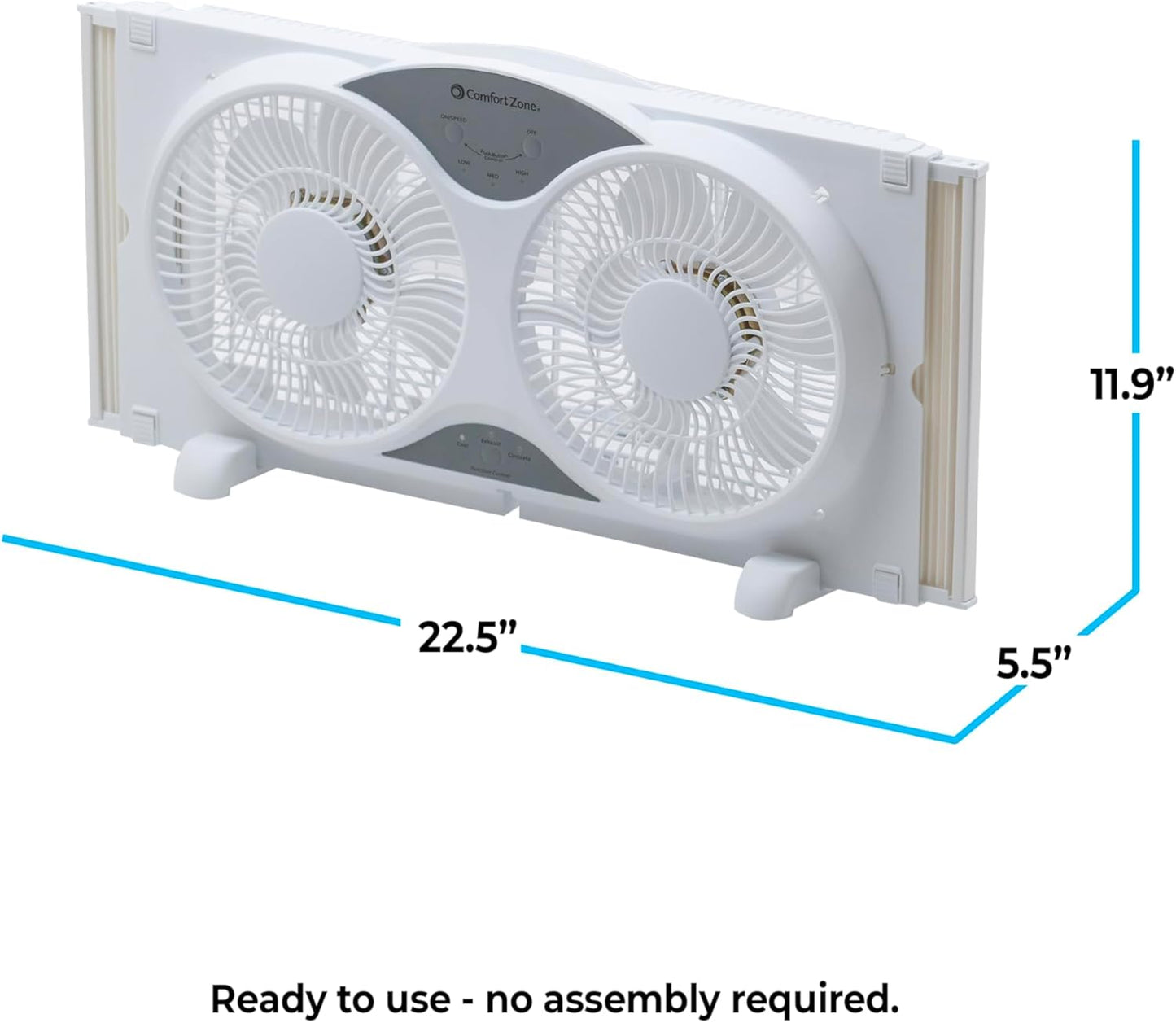Comfort Zone Twin Window Fan with Reversible Airflow Control, 9 inch, Auto-Locking Expanders, 2 Speed Fan, Dual Fan, Exhaust, Airflow 9.84 ft/sec, Ideal for Home, Kitchen, Bedroom & Office, CZ319WT