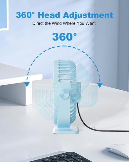 TriPole Desk Fan USB Powered Small Portable Fan, 3 Speeds Adjustable Strong Breeze Mini Personal Fans, 360° Rotation Quiet Plug In USB Fans for Desktop Bedroom Office Table Travel, Black, 4.9ft Cable