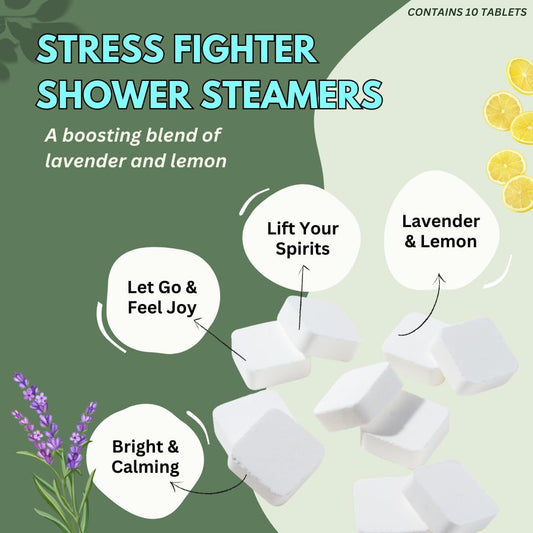 Stress Fighter Shower Steamers Aromatherapy for Relaxing - USA Made Mothers Day Gift for Mom - Lavender & Lemon Shower Bomb Tablets – Soothing Natural Essential Oils (10 Pack)