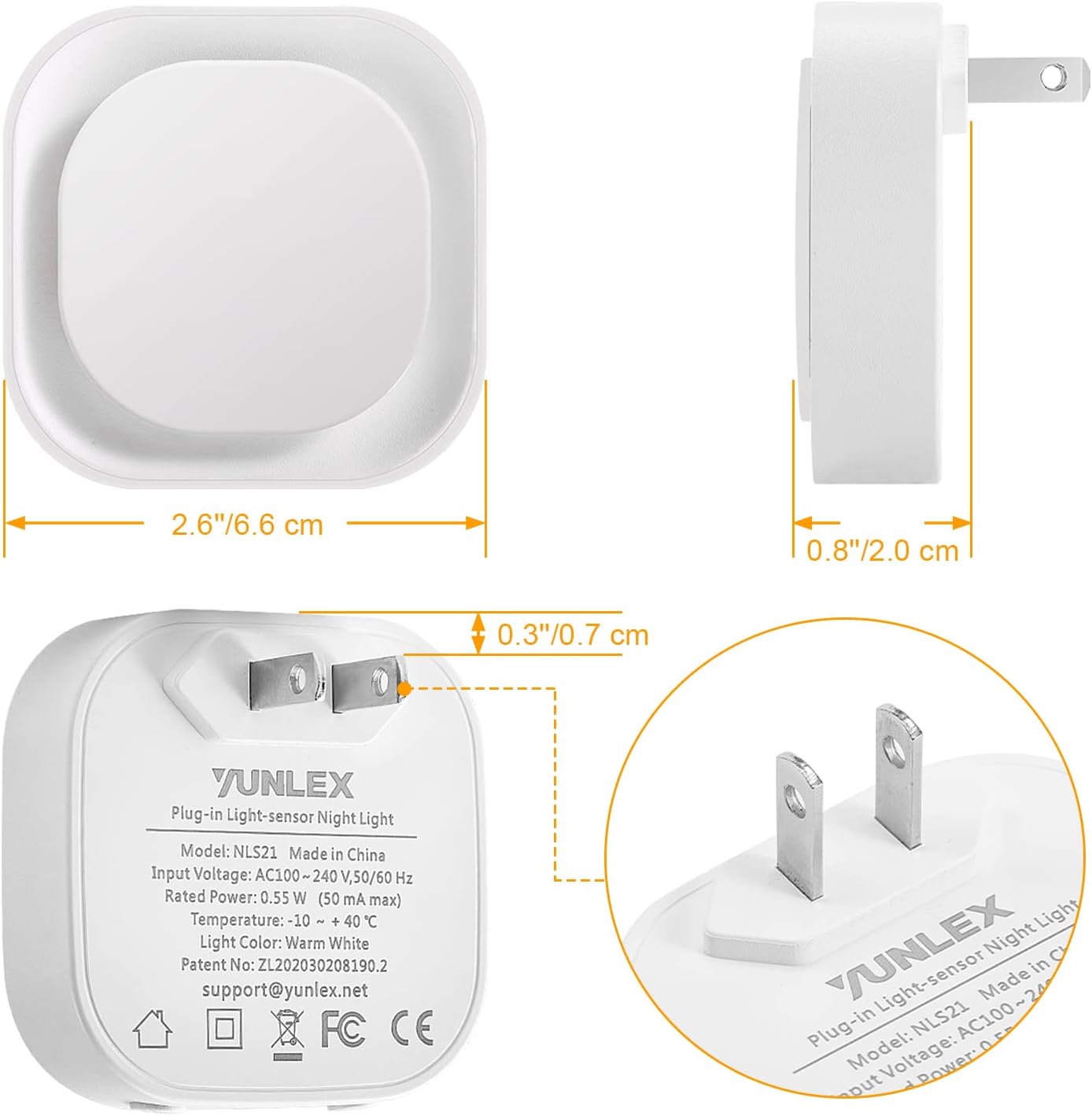 YUNLEX 2 Pack Amber Night Light, Dusk to Dawn Sensor, Warm Glare-Free Reflected Glow, 3-Level Dimmer, Auto On/Off, Plug-in LED Nightlight for Bedroom, Kids, Bathroom, Sleep, Baby Nursery, Toddler
