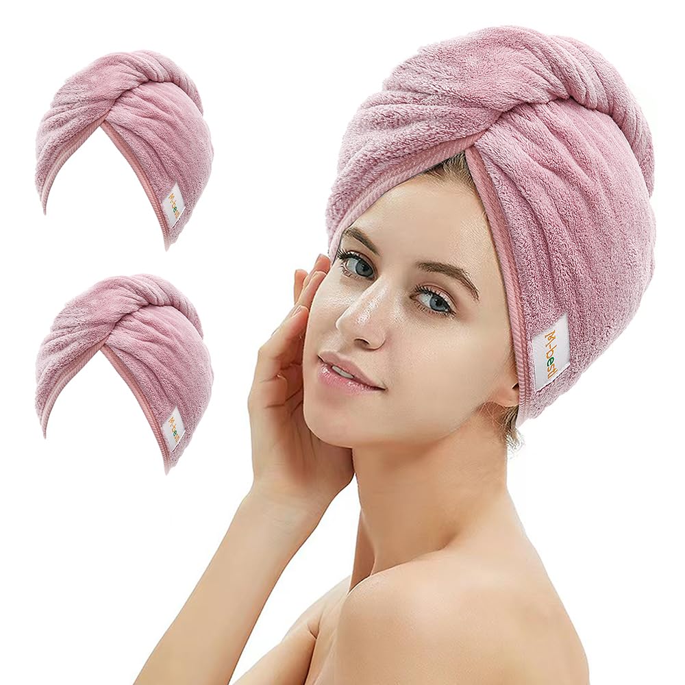 M-bestl 2 Pack Microfiber Hair Towel Wrap,Hair Drying Towel with Button,Quick Dry Hair Towel Turban for Women,Absorbent Anti-frizz Head Towel for Long Thick Curly Hair(Pink&Beige)