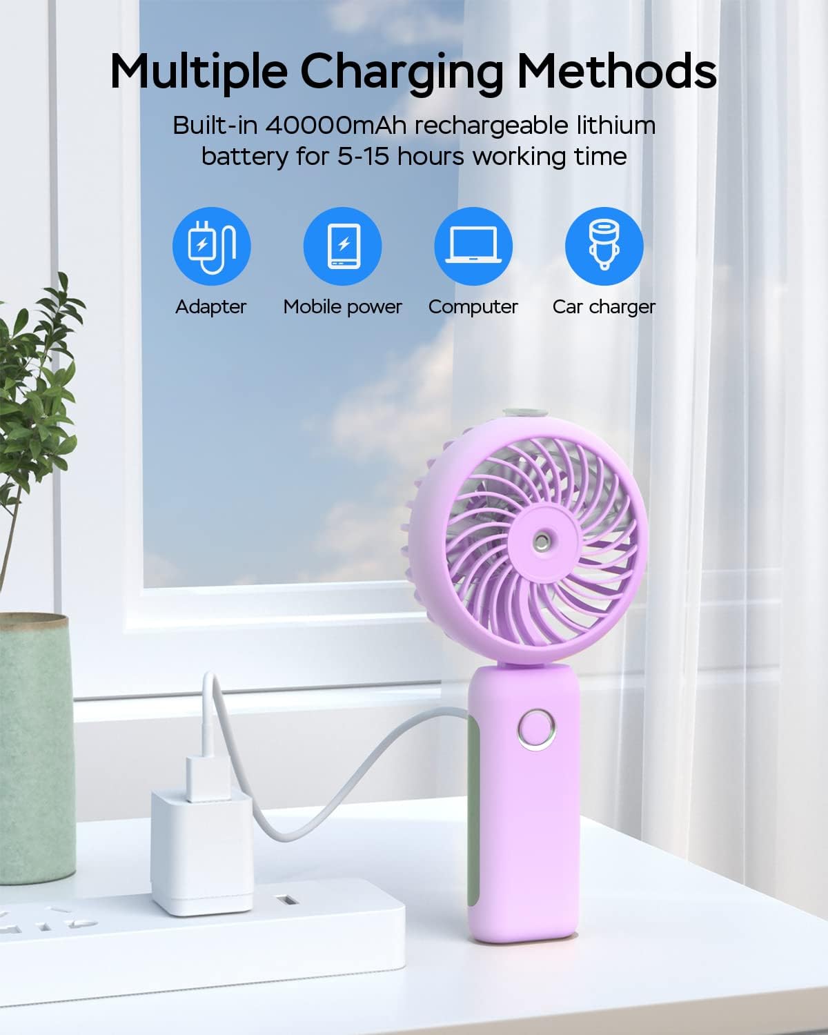 Portable Handheld Misting Fan, USB Rechargeable, Foldable with Water Tank, 3 Speeds, for Travel and Outdoors (purple)