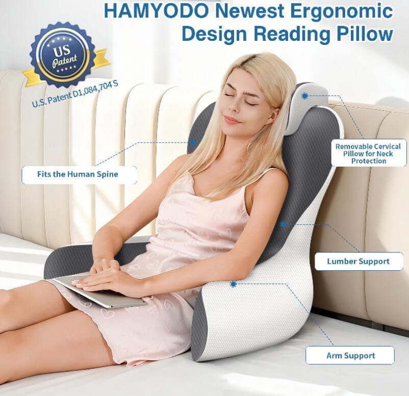 Reading Pillow for Bed, 22”H Back Pillow for Sitting Up,Bed Chair Pillows with Lumbar Rest & Neck Support,Backrest Cushion with Arms for Reclining,Gaming,Resting,Watching TV in Couch or Floor