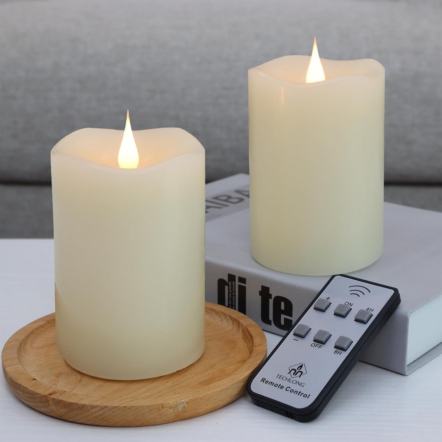 TECHLONG Flameless Candles Battery Operated with Timer, 3D Moving Flame Flickering, Last 600+ Hours Battery Candles, 3" x 3" Ivory Real Wax Electric LED Candle for Wedding Party Decorations