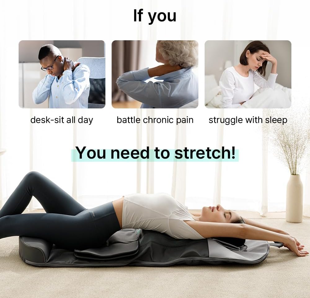 Klug Stretching Massager Ultra, Effortless auto-Stretching Mat, Ease Back & Neck Pain with 3 Intensity Levels 7 Exceptional Programs, 2 Levels of Heat Function, Foldable & Portable Design, Gray