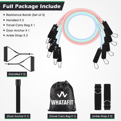 WHATAFIT Resistance Bands, Exercise Bands, Workout Bands with Handles, Door Anchor and Ankle Straps, 5 Resistance Levels Fitness Bands for Strength Training, Physical Therapy, and Home Gym Equipment