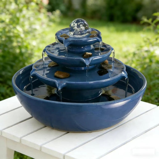 Ceramic Tabletop Fountain with Ball for Indoor Table Desk Office Patio (Blue 2 A199)