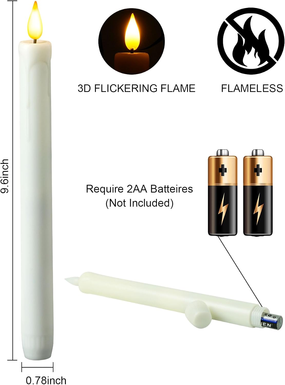 Homemory 6 Pack Flameless Taper Candles, No Remote, Realistic Flickering Battery Operated Candlesticks, Ivory LED Plastic Candle Safe for Weddings, Table Decor, Christmas, and Halloween