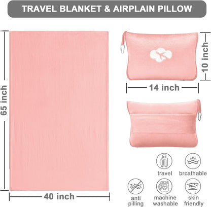 Travel Blanket and Pillow Compact, Premium Soft 2 in 1 Airplane Blanket with Soft Bag Pillowcase，Hand Luggage Sleeve and Backpack Clip (Checkered Black)
