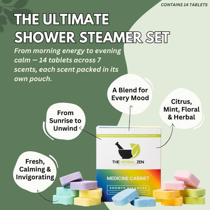The Herbal Zen Shower Steamers Aromatherapy Tablets 14 Pack - 7 Pure Essential Oil Blends for Daily Relaxation and Wellness - Shower Bombs Gift Set for Women and Men
