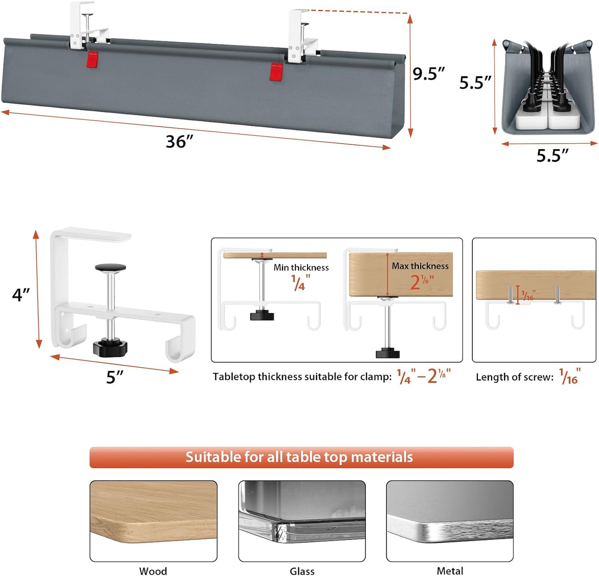 Univivi No Drill Under Desk Cable Management Tray, 36 inch Cable Management