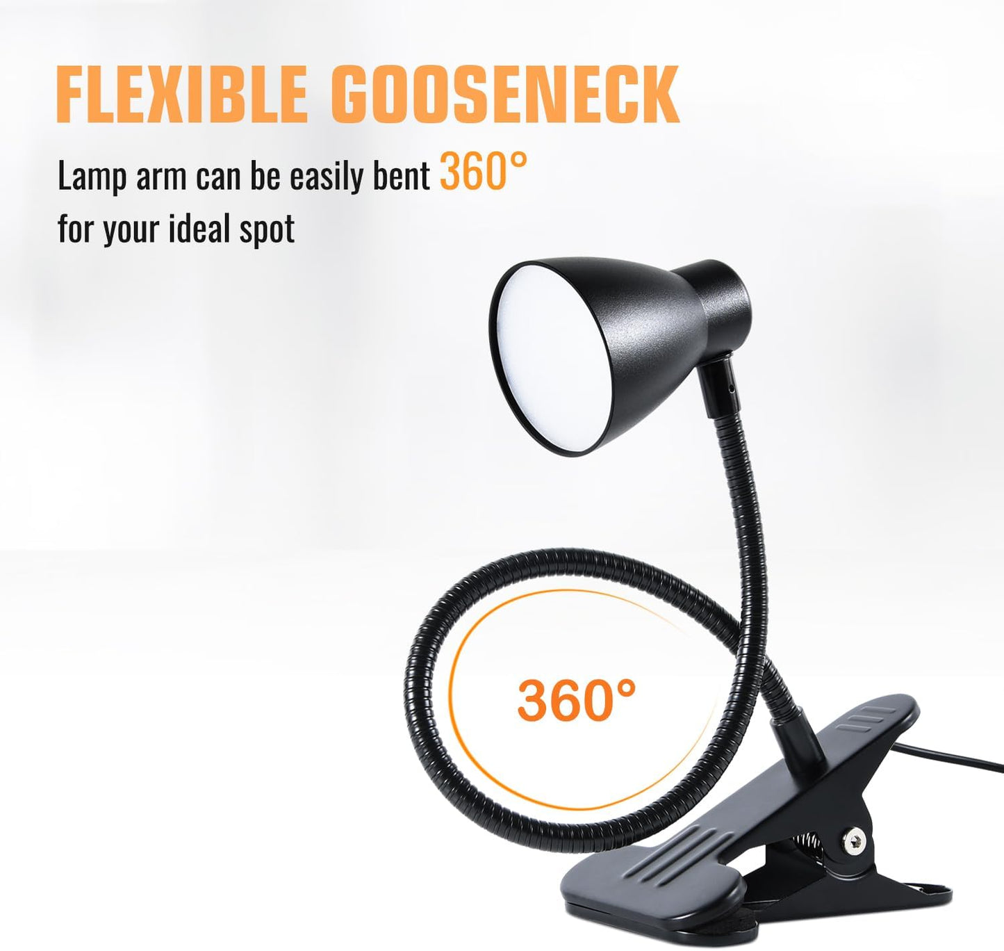 CRI 90+ Eye-Care Clip Light for Reading, 6W Small Clamp Lamp for Desk, Flexible Gooseneck Clip Lamp for Bed Headboard with 3 Color Modes & 10 Brightness(Adapter Include)