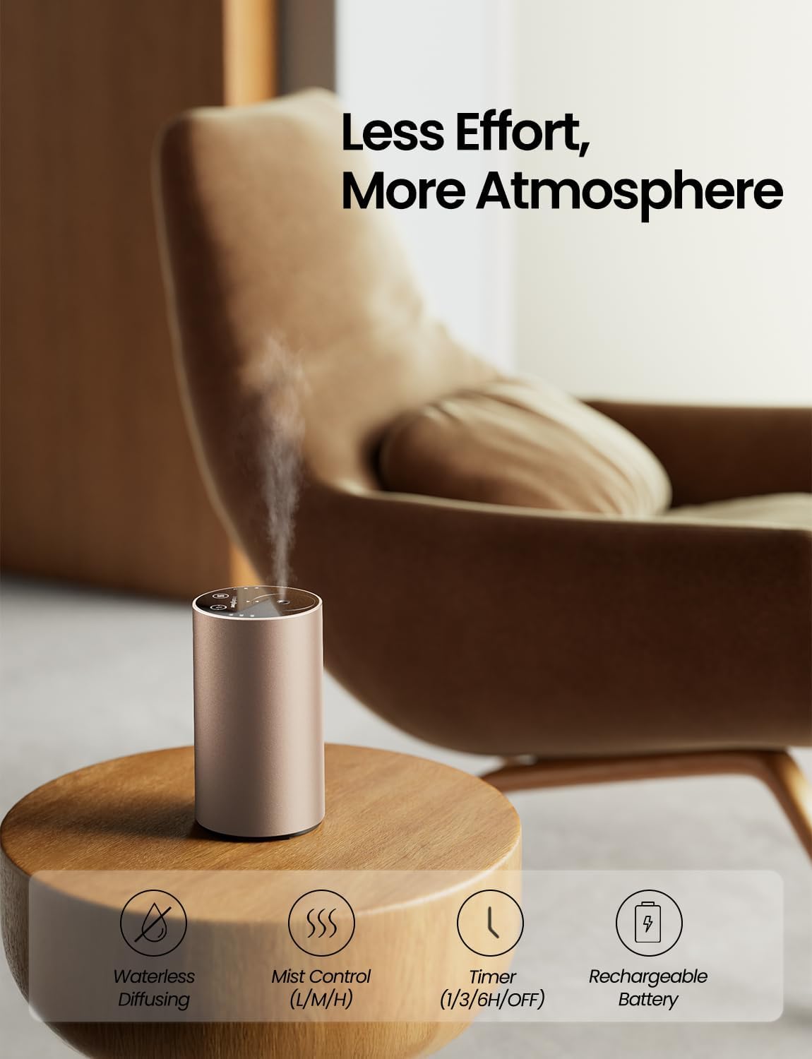 Waterless Essential Oil Diffuser, Rechargeable Scent Diffusers with 3 Mist Levels & Timers, Portable Aromatherapy Diffuser for Home Car Room Studio Office, Black Metal