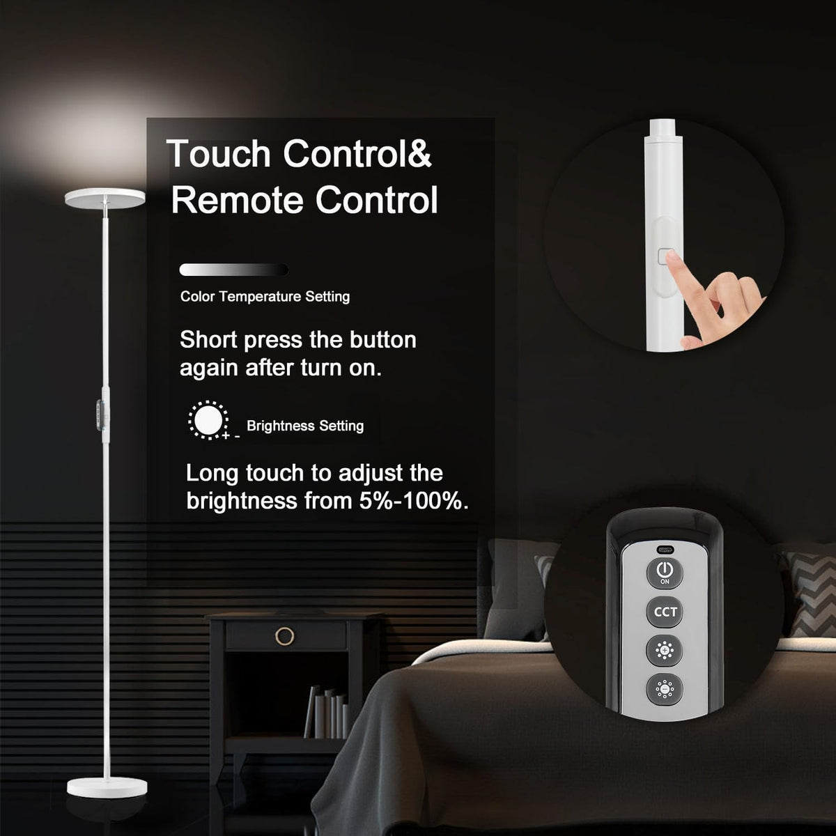 JOOFO LED Torchiere Floor Lamp with Remote, Stepless Dimmable Black