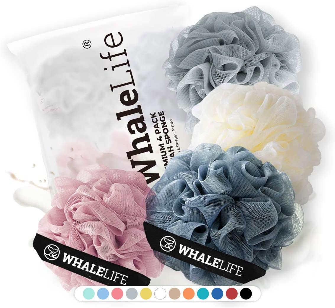 WhaleLife Loofah Bath Sponges - Black Gentle Exfoliating Shower Loofah for Rich Lather, Durable Mesh Body Scrubber for Men & Women 4 Pack