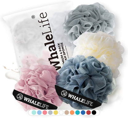 WhaleLife Loofah Bath Sponges - Black Gentle Exfoliating Shower Loofah for Rich Lather, Durable Mesh Body Scrubber for Men & Women 4 Pack