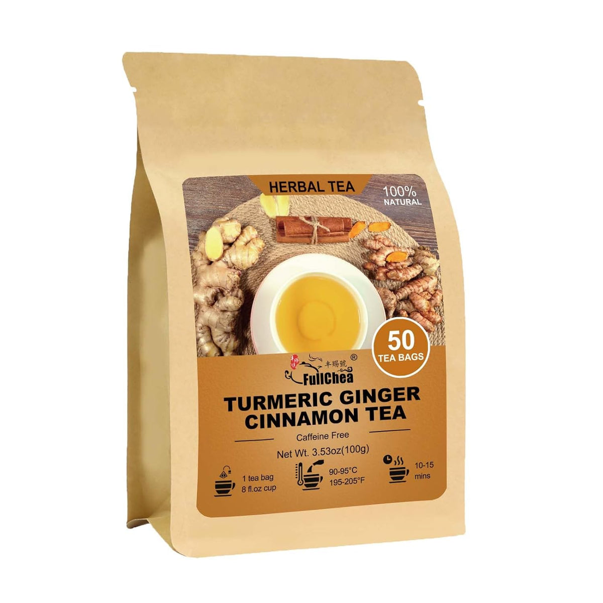 FullChea - Turmeric Ginger Cinnamon Tea Bags, 50 Count Herbal Blend