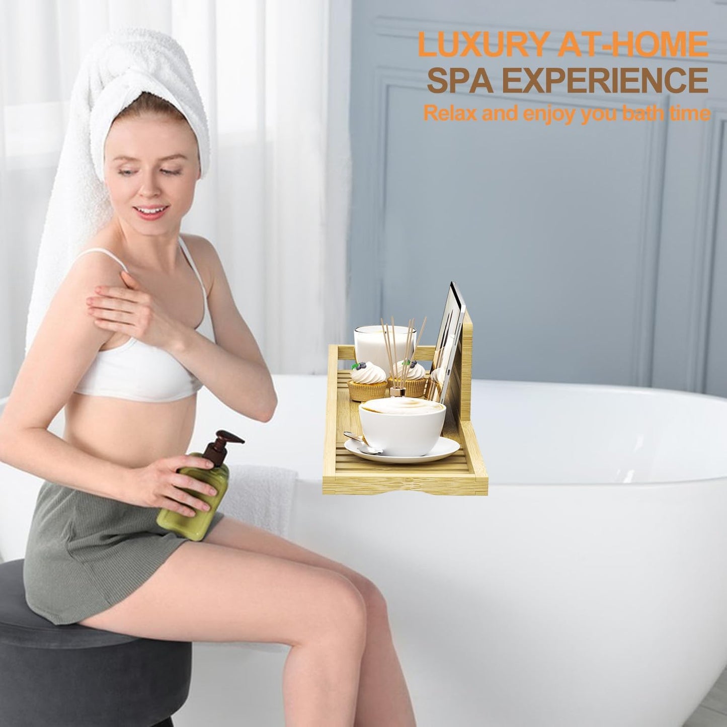 Bathtub Tray Caddy - Bath Tray - Bath Tub Table Tray Caddy - Bamboo Bath Tray for Tub