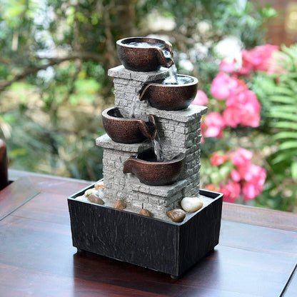 Kalona Indoor Tabletop Water Fountain – 3-Tier Resin Waterfall with LED Lights, Mini Bonsai Planter & Cascading Water Flow – Soothing Desk Fountain for Home, Office, Meditation Decor(22024)