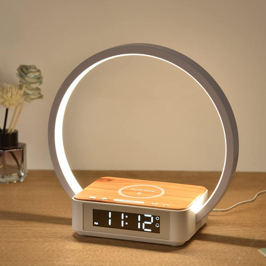 Sunrise Alarm Clock with Wireless Charging Desk Touch Lamp 3 Level Dimmable Wake-up Light Bedside Lamps for Bedroom Living Room,Sunrise Lamp with 10 Natural White Noise Sound 30/60/90 Mins countdown