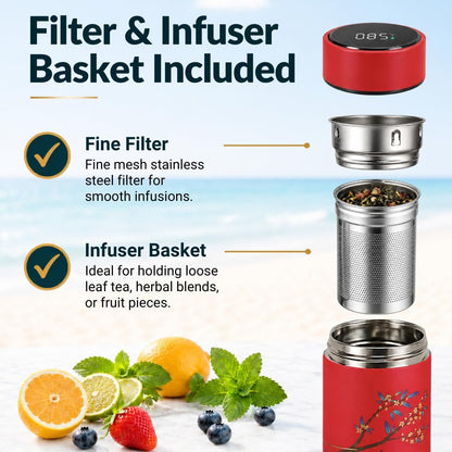 Farasi Tea Infuser for Loose Leaf Tea Smart Water Bottle with Fahrenheit Temperature Display, Stainless Steel Insulated Coffee and Fruit Tea Infuser Bottle - Floral Travel Tea Mugs 15 oz (Black)