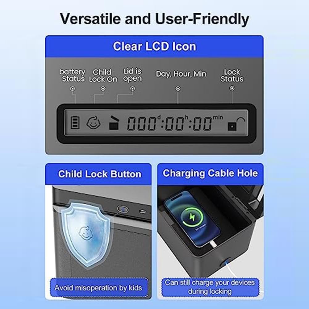 Timed Lock Box with Timer Black Lock Container Self-Controlled Time Release Safety Locker